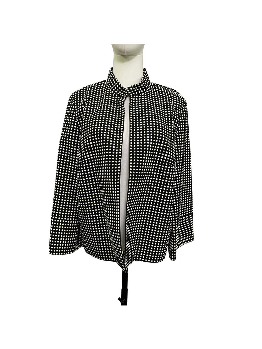 Josephine Black White Dot Open Front Crop Jacket 3/4 Sleeve Size 12 Blazer